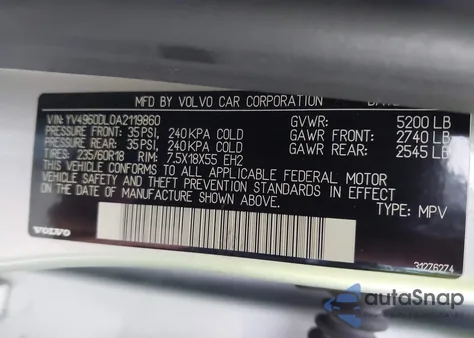 2010 Volvo Xc60 3.2 из США, поврежденный, VIN YV4960DL0A2119860